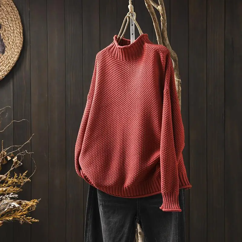 Vintage Turtleneck Pullover Women Knit Long Sleeve Top Tees Sweater Oversize Knitwears Ladies Casual 2023 New