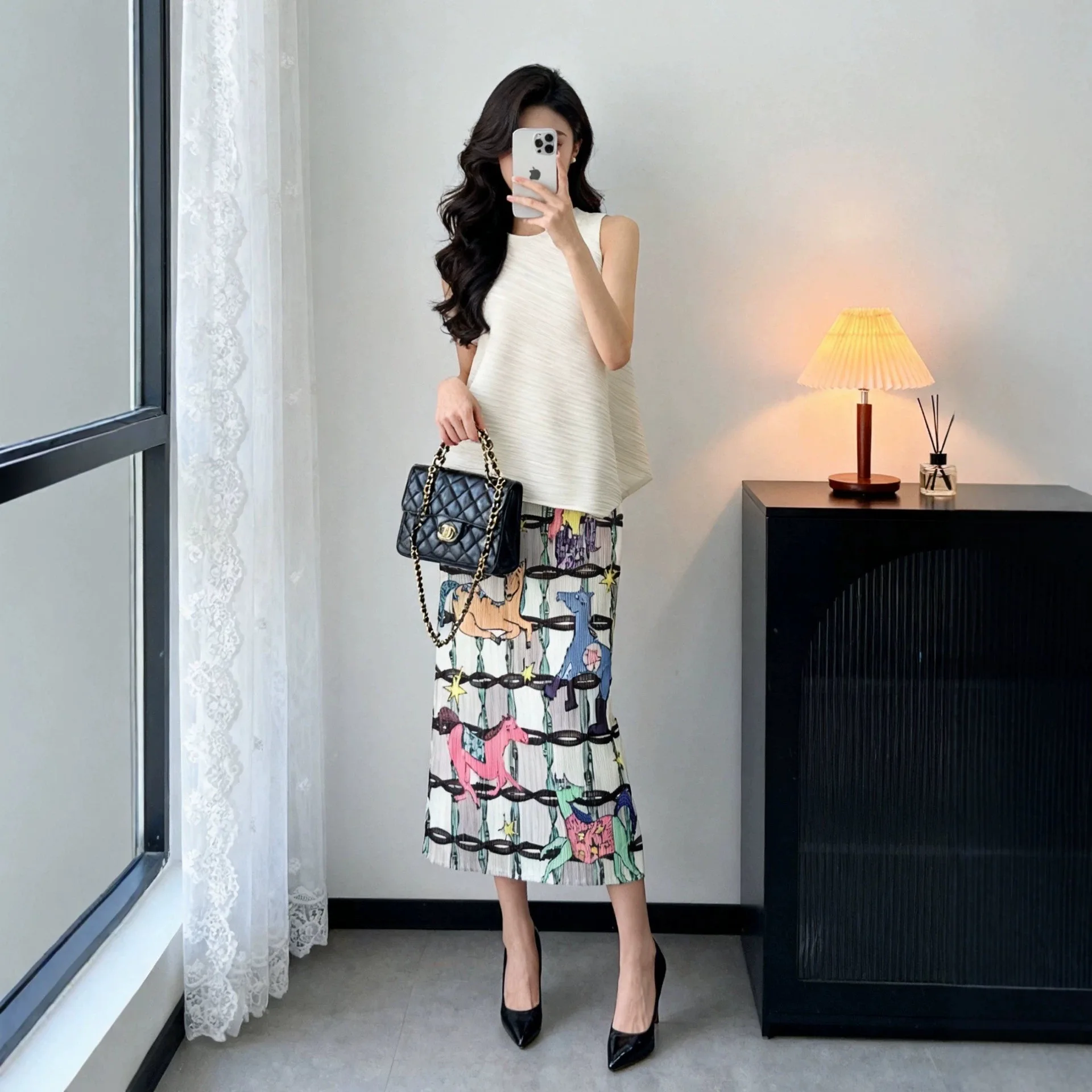 Miyake Pleated Colorful Pony Print Three-dimensional Textured Elastic Waist Skirt