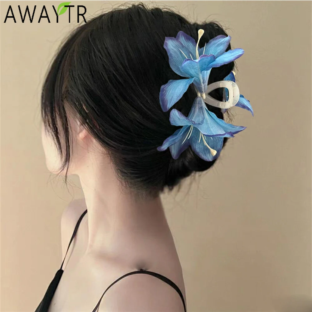 AWAYTR Tie-dyed Lily Flower Hair Claws Artificial Floral Hair Clips Crab For Women Girl Gift Hair Accessories Valentine Headwear