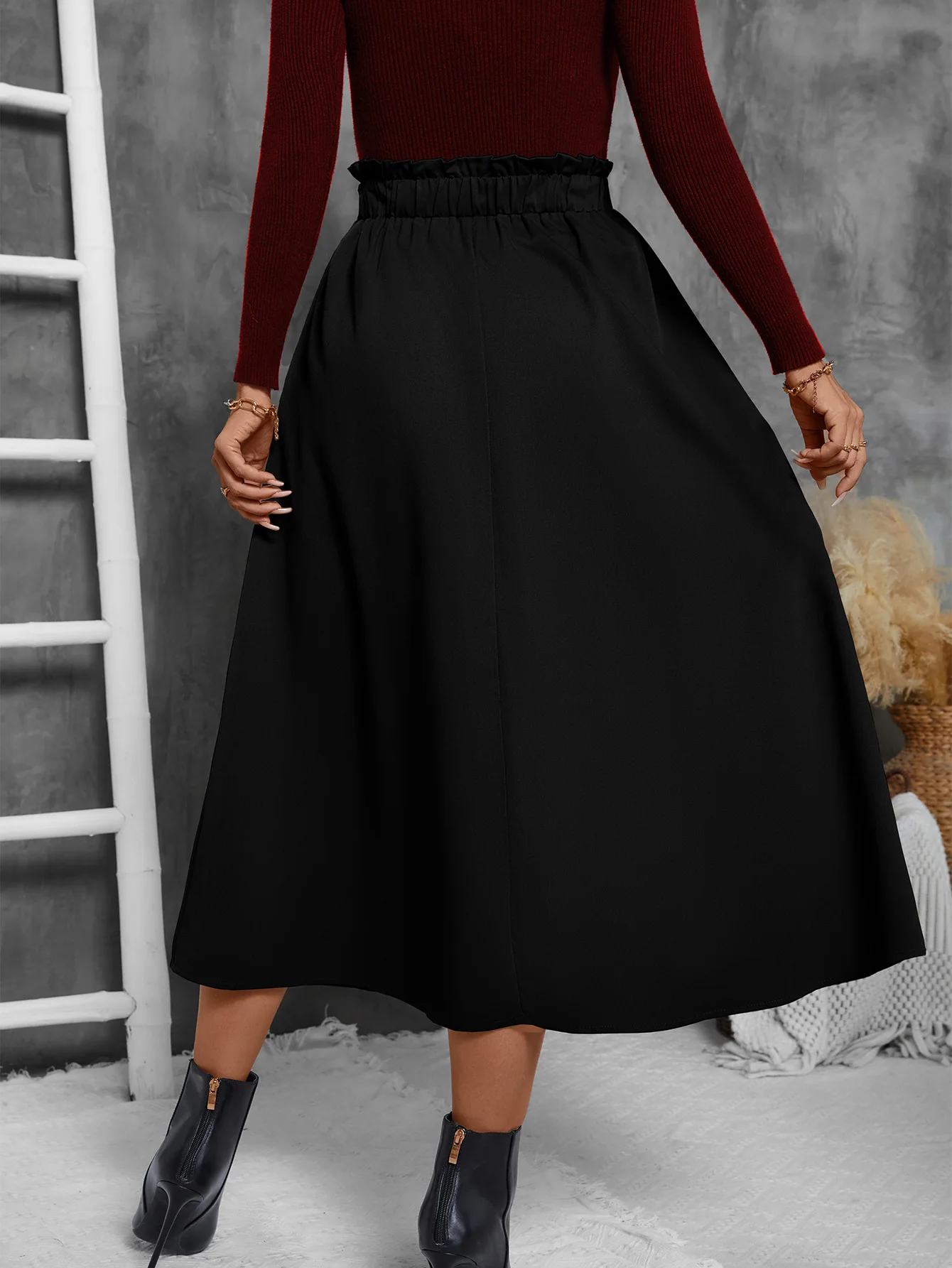Women's High Waist Flared Maxi Black Loose Fit Skirt with Large Pockets  Comfortable Office Daily Wear