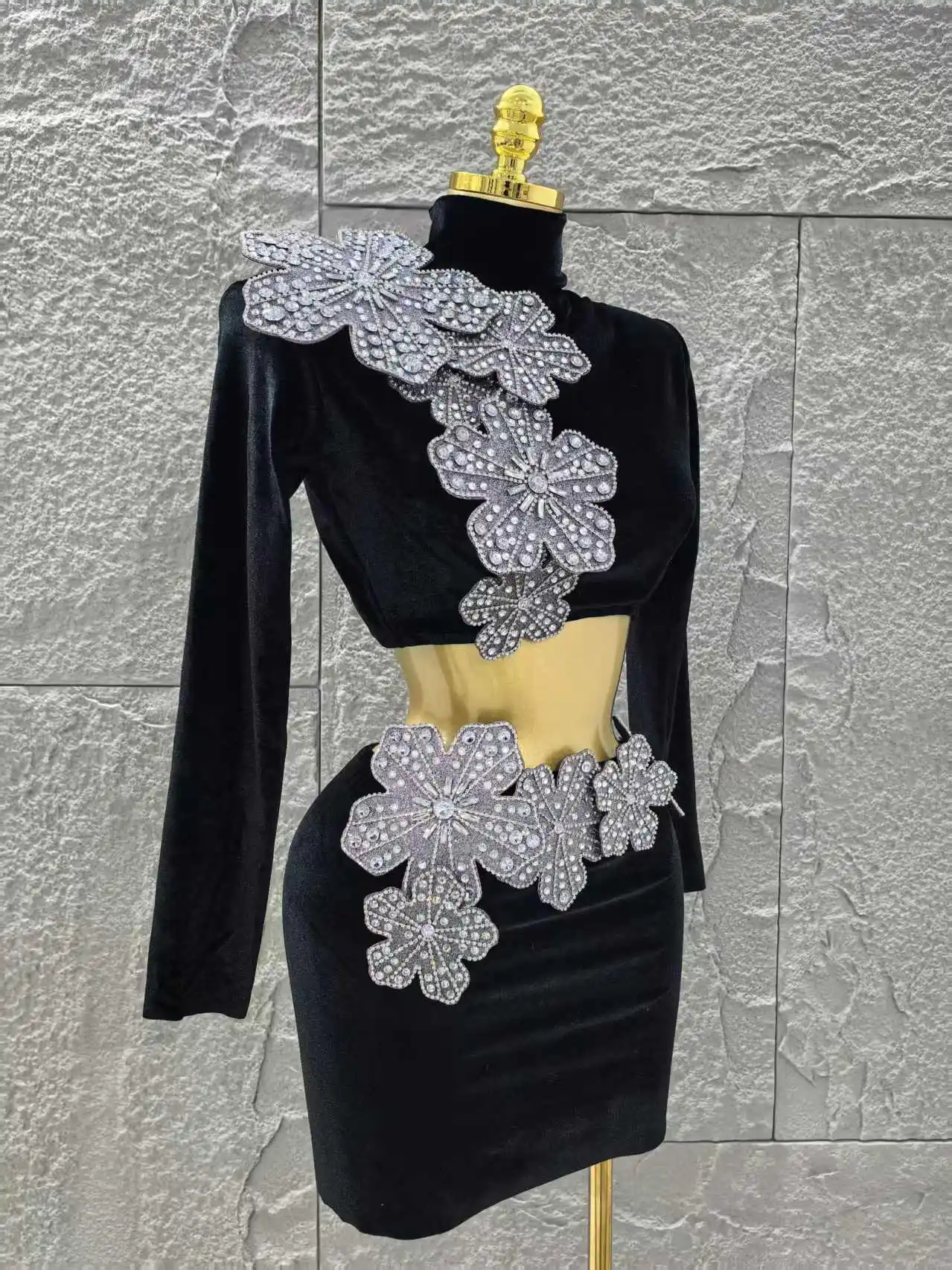 Minimalist Women Long Sleeves Bandage Two Piece Sets Turtleneck Shiny Diamonds Flower Top Bodycon Mini Skirts Suits Evening Club