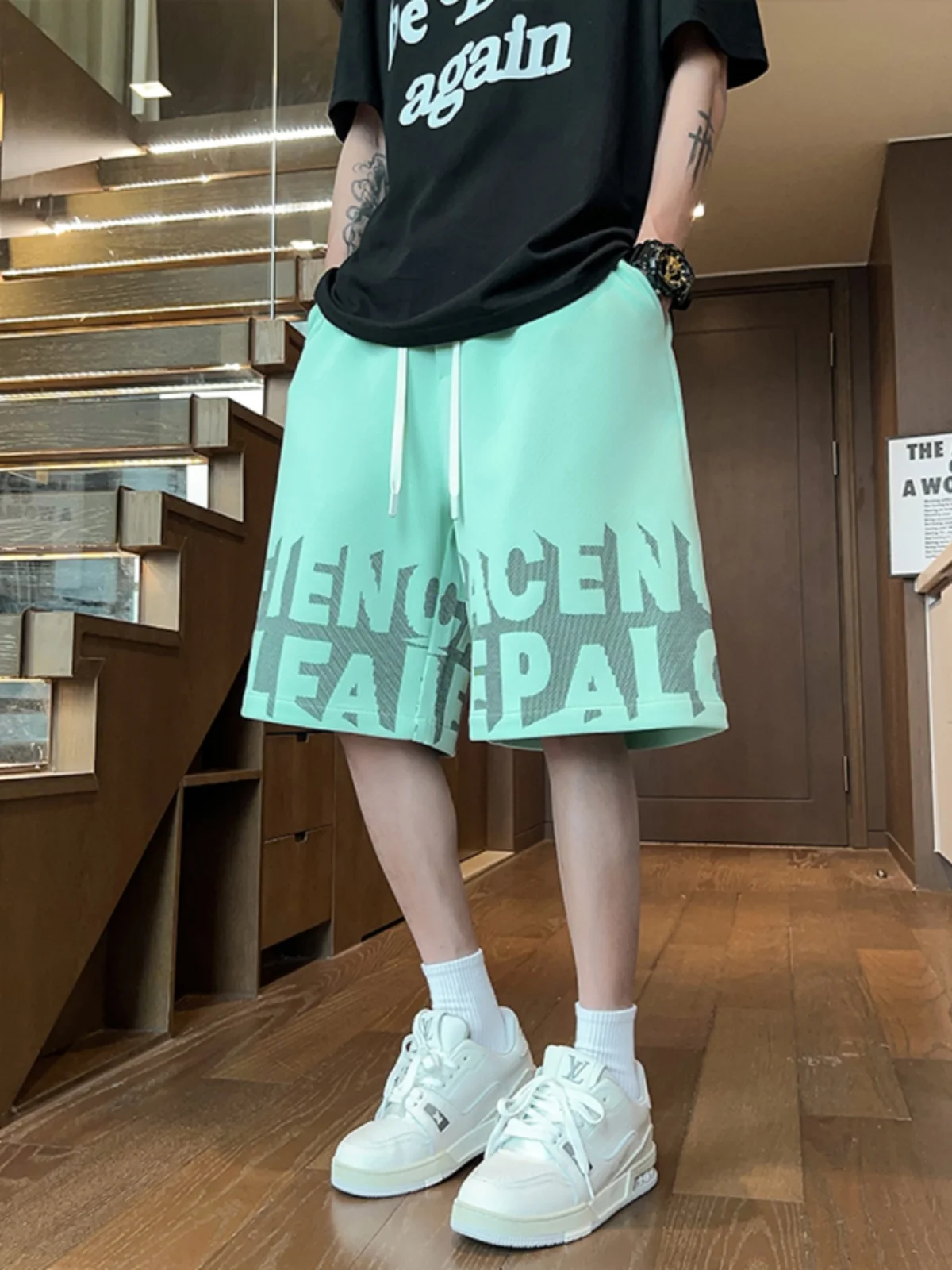 

Мужские летние брюки-шорты Mint Wave Sle Pine Pattern Heavyweight в стиле американского хип-хопа, свободного кроя, длиной до колена