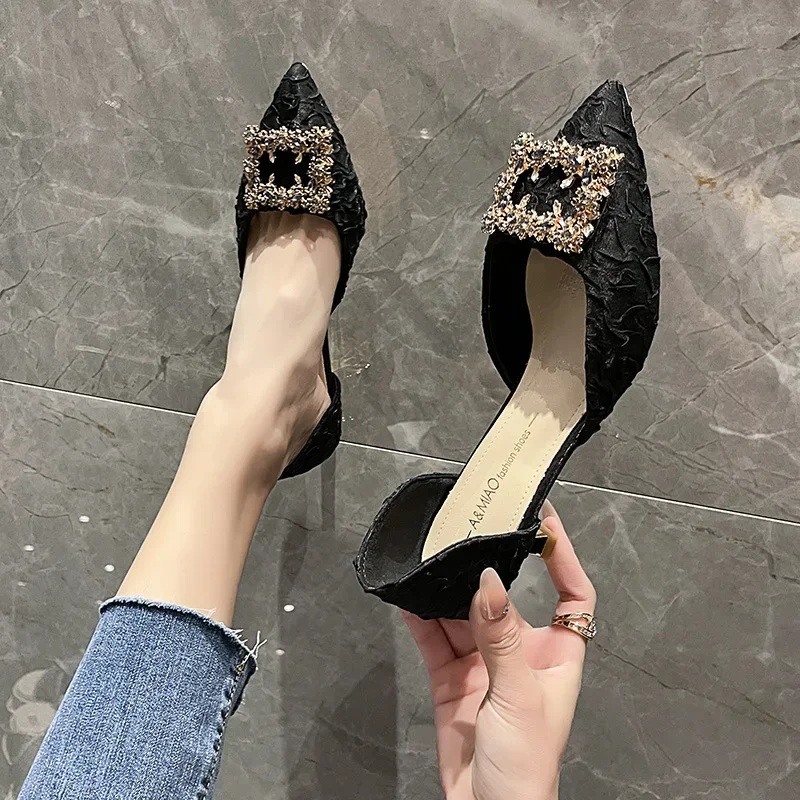 Women Pumps 2024 New Sexy Rhinestone Shallow Mouth High Heel Shoes Women's Pointed Hollow Silk Satin Single Shoe Heels Women