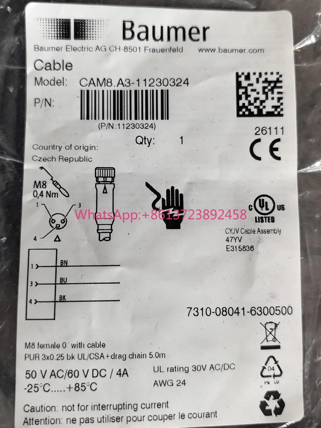 Germany Baumer plug cable CAM8.A3-11230324 high quality
