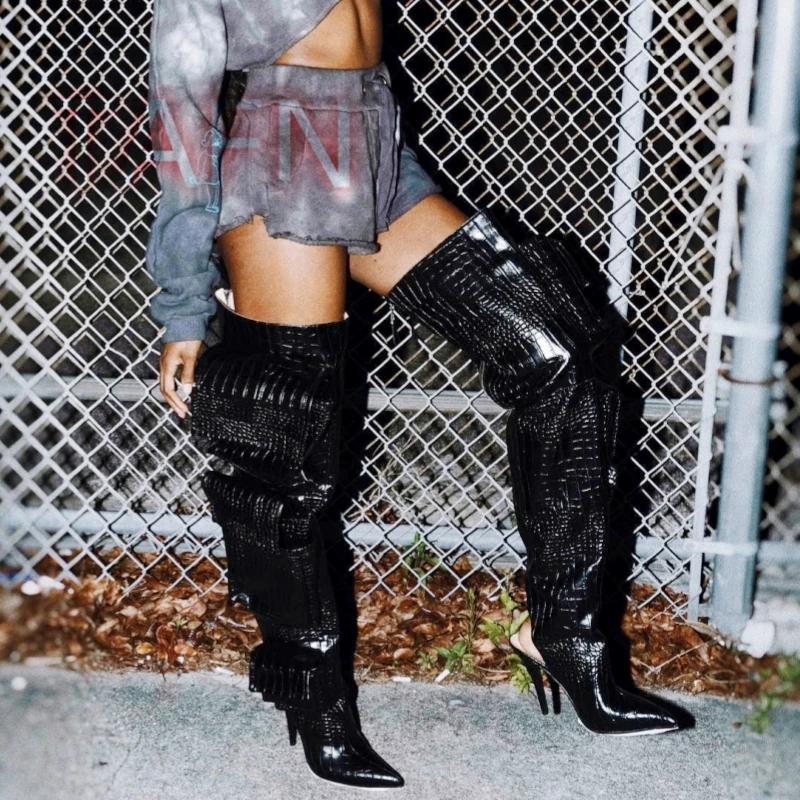 Women's Multi Pocket Over The Knee Boots Sexy Pointed Toe Stiletto Thigh High Boots Ladies Faux Crocodile Leather Autumn Boots