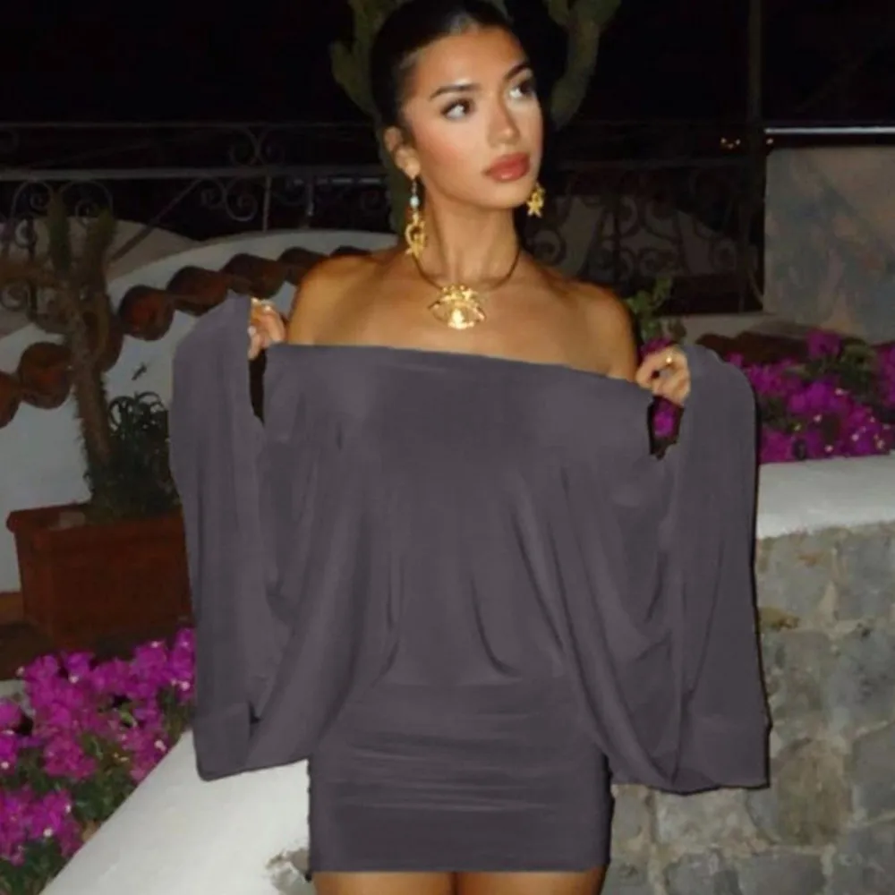 فستان ضيق مثير قابل للتمدد بأكمام طويلة وبسيط بدون أكتاف، فستان رمادي بقصة ضيقة وأكمام تشبه جناح الخفّاش، ملابس الحفلات #1