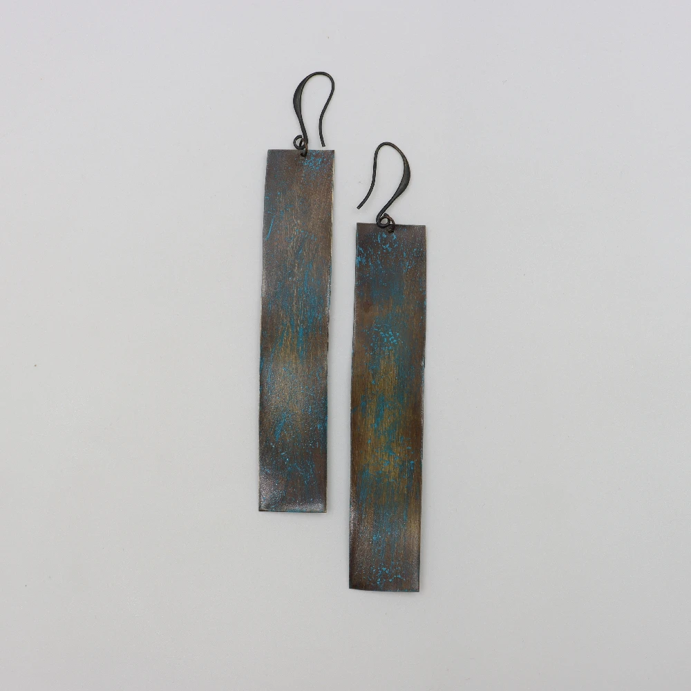 Copper Hammered Earrings Antique Copper Dangle Earrings Copper Blue Shine Couple Earrings Blue Patina Jewelry