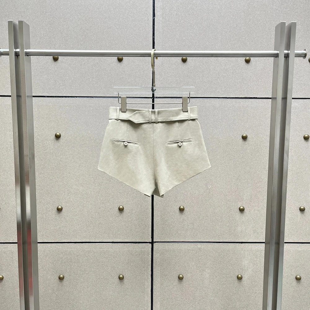 Women Cotton Linen High Waist Pleated Shorts with Belt Casual Solid Mini Short Pants for Office Streetwear 2026 Summer
