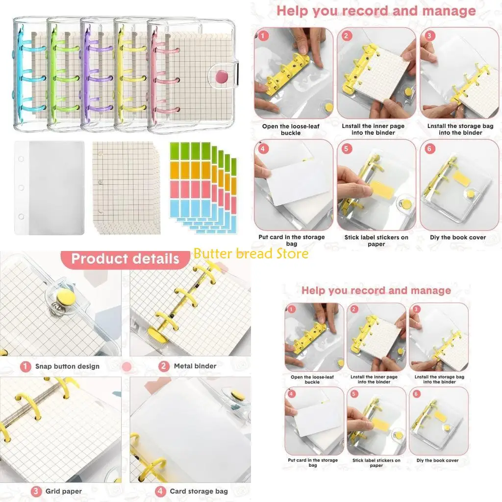 

W89C 5 Sets Transparent Mini 3 Rings Binder Covers with Refill Paper, Label Stickers, Card Pocket for DIY Loose Leaf Notebook