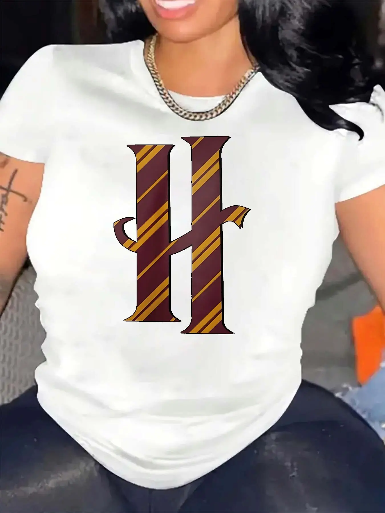 Damen-T-Shirt in Übergröße H mit kastanienbraunen und gelben Streifen, lässiger Rundhalsausschnitt, Ganzjahres-Top, Freizeitkleidung, trendige Freizeitkleidung