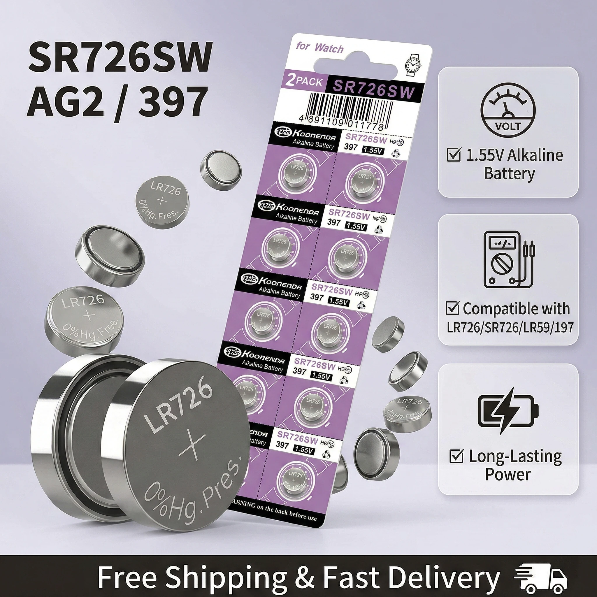 

1.55V AG2 LR726 Coin Cell Battery 10-50pcs 397 396A SR726SW LR59 Button Batteries