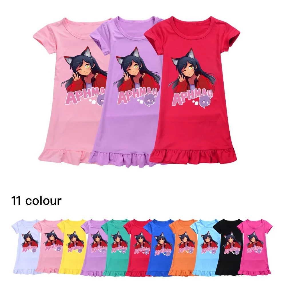 

2023 Summer Cute APHMAU Pajamas Dress for Baby Girls NightDress Kids Nightgown Cartoon 2-12years Children Short Sleeve Sleepwear