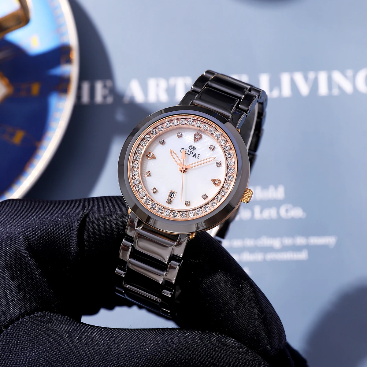 Часы Oupai, женские черные керамические ремешки со стразами, японский кварцевый механизм, модный тренд, простые водонепроницаемые светящиеся часы