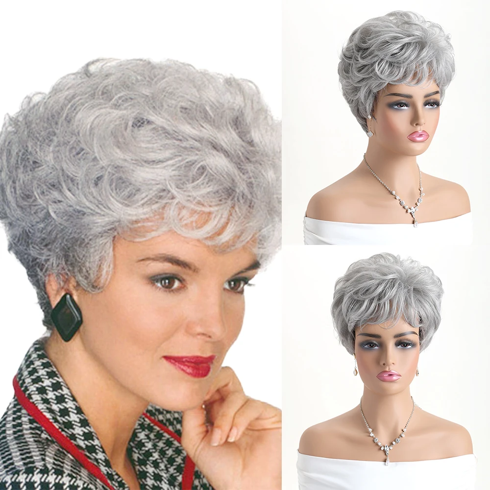 10 Inch Natural Synthetic Silver Grey Wigs For Women Short Curly Daily Christmas Wedding Party Halloween Heat Resistant Wig