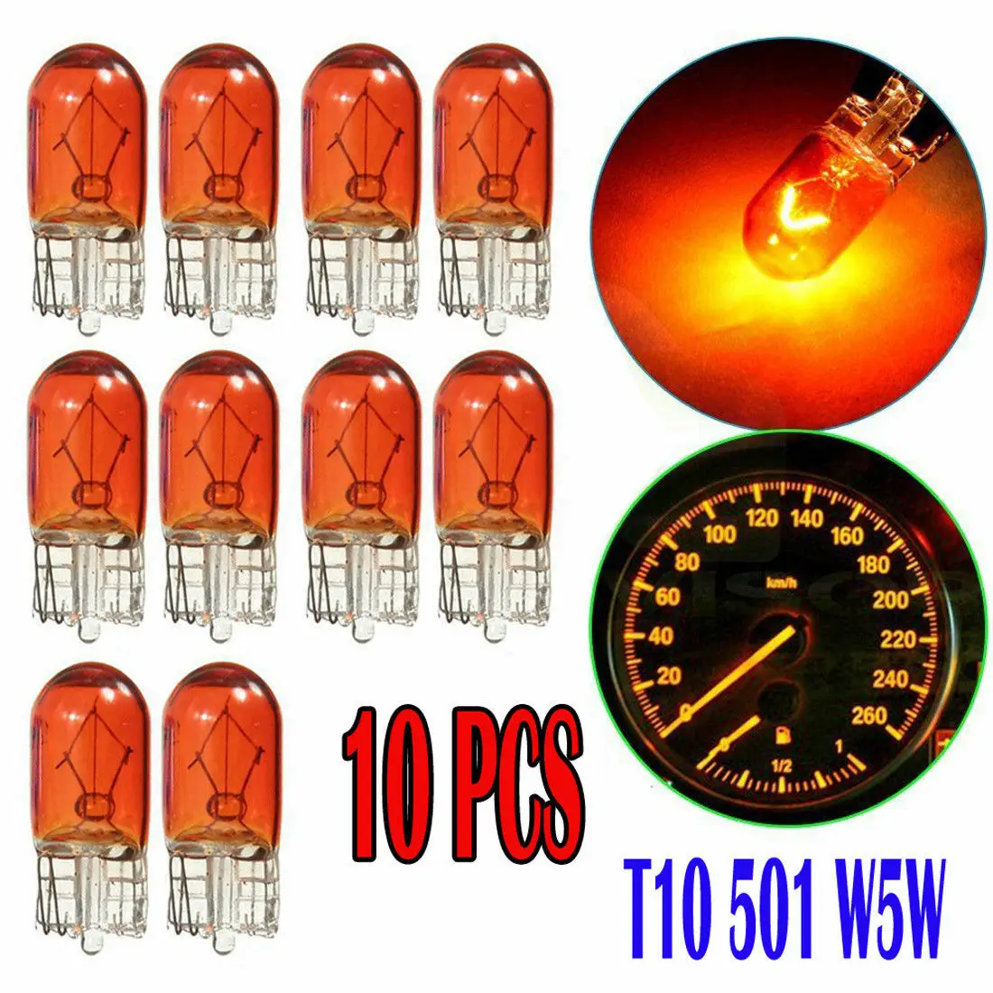 

10Pcs 3W T10 501 194 Side Marker Light Amber Glass Bulb Car Halogen Bulbs DC 12V Car Accessories Universal