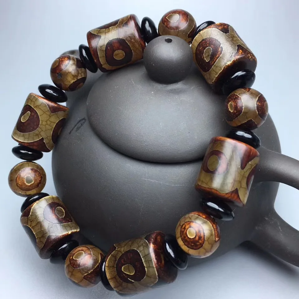 Natural Tibetan Agate Three Eye Silk Barrel Bead Bracelet for Men and Women