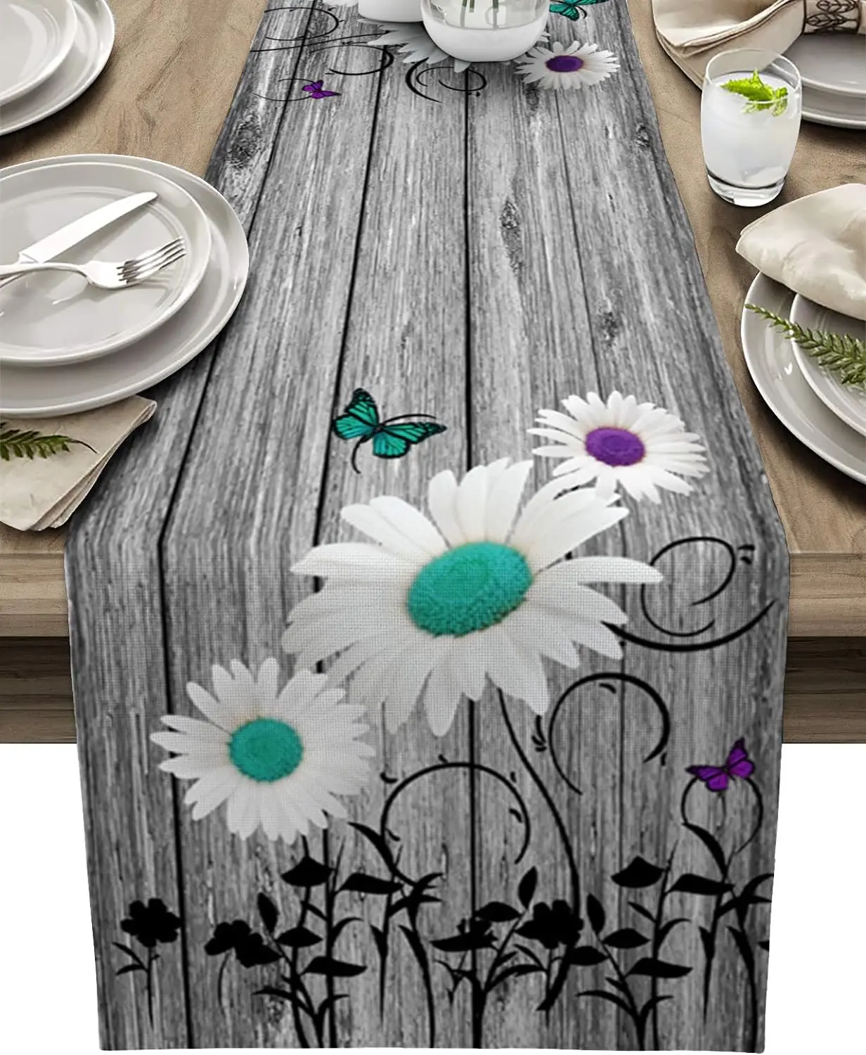 

Retro Floral Teal Daisy Butterfly Wood Grain Linen Table Runners Farmhouse Dresser Scarf Table Decor Wedding Dining Party Decor