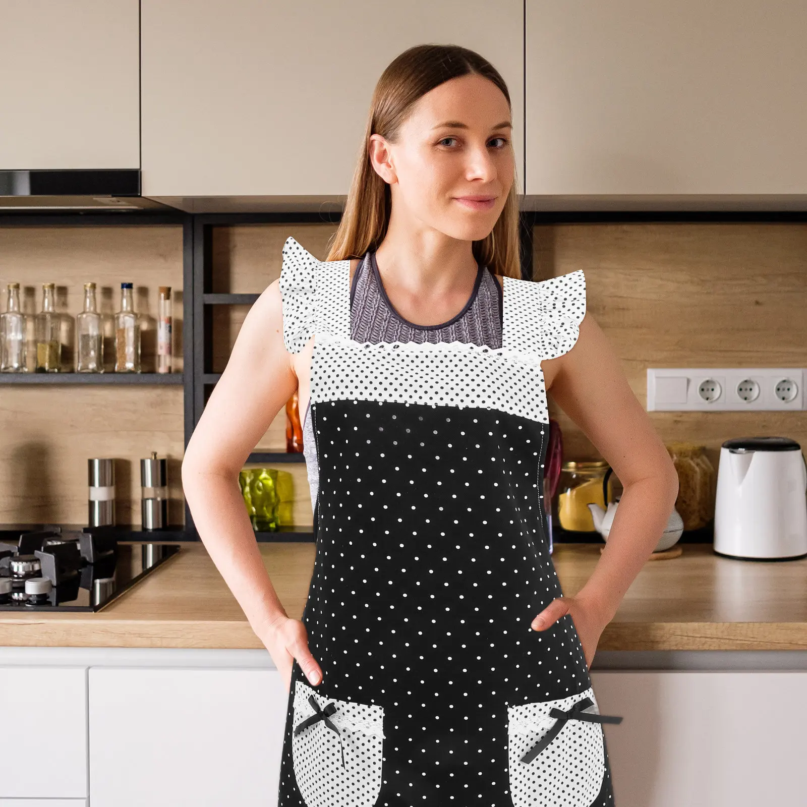 Cute Lace Polka Dot Apron for Women Stylish Vintage Kitchen Cooking Baking Dishwashing Cleaning Retro Maid Waitressing Apron