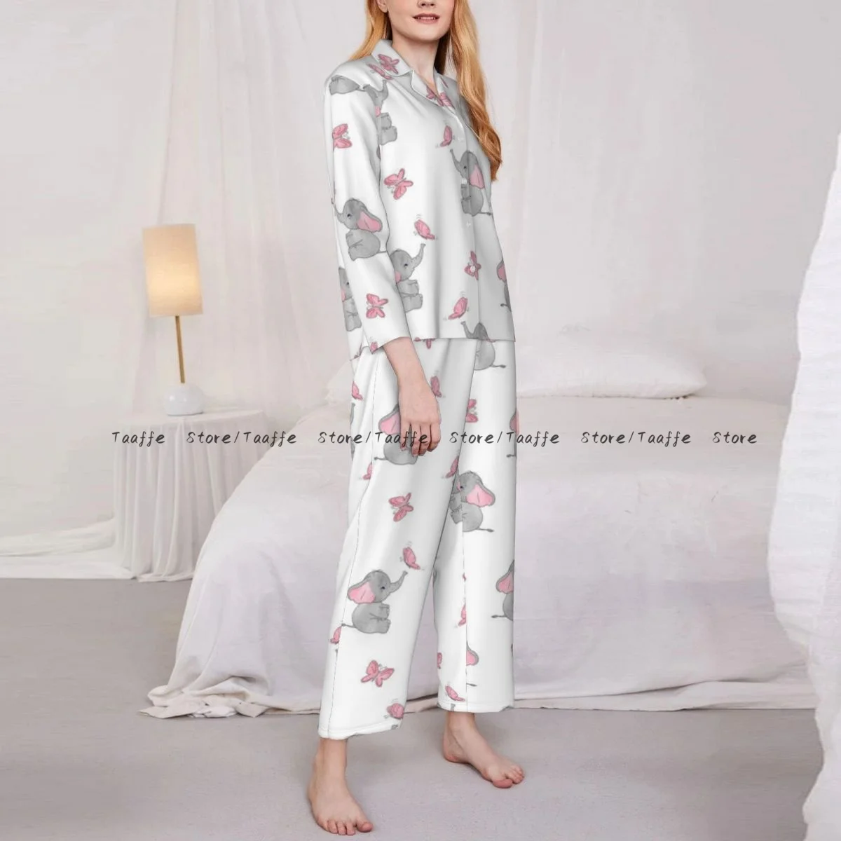 Spring and Autumn Pajama Set Women's Long Sleeve Pants Two Piece Cute Elephant Playing Butterflies Pattern Home Furnishing Set