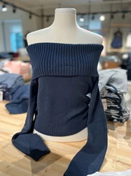 Navy Vintage Cropped Sweater Women Spring Slash Neck Long Sleeve Slim Crop Top Sweet Fashion Streetwear Knit Sweater Y2k Jumper