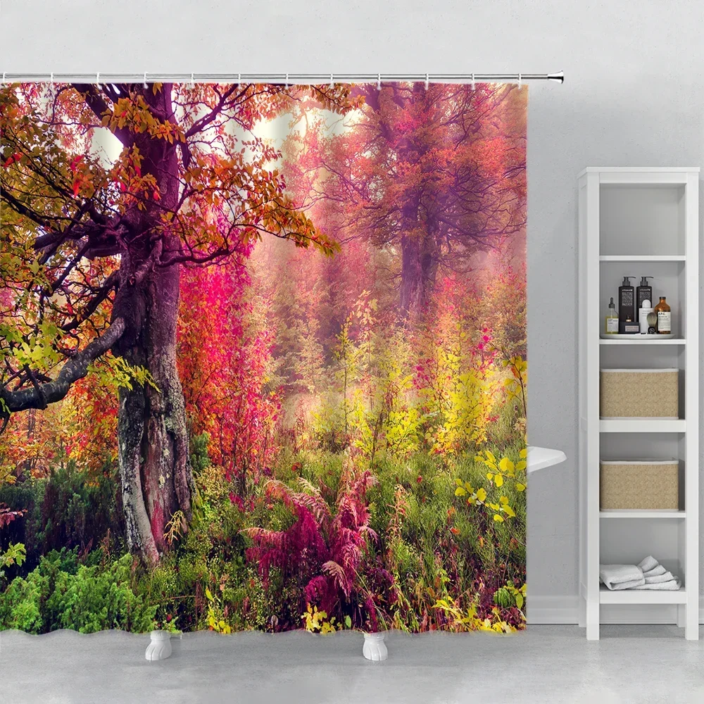 Blue Red Green Forest Scenery Shower Curtain Autumn Misty Jungle Bird Watercolor Landscape Bathroom Bath Curtains Bathtub Decor