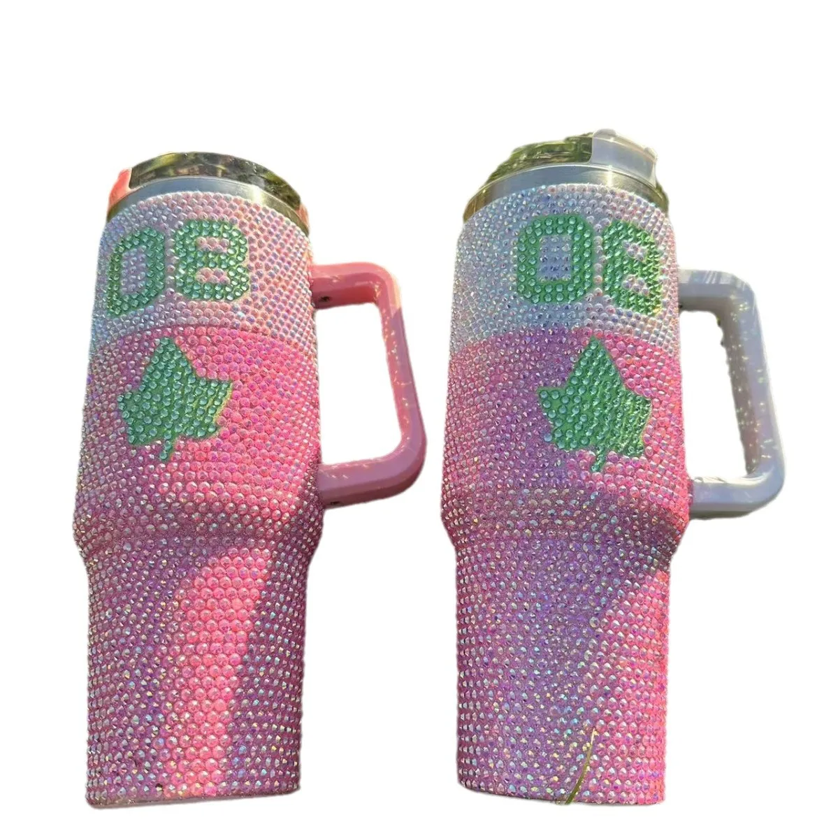 40oz Handle Rhinestone Cup Leaf Design Car Portable Double Layer Ice Drink  Pink Vacuum Thermal Insulation Handmade Gift