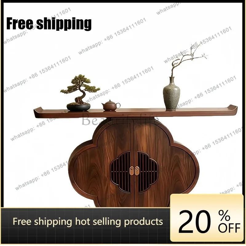 YJ New Chinese Black Walnut Solid Wood Entrance Counter Floral Pattern Living Room Decorative Desk Vintage Tea Table