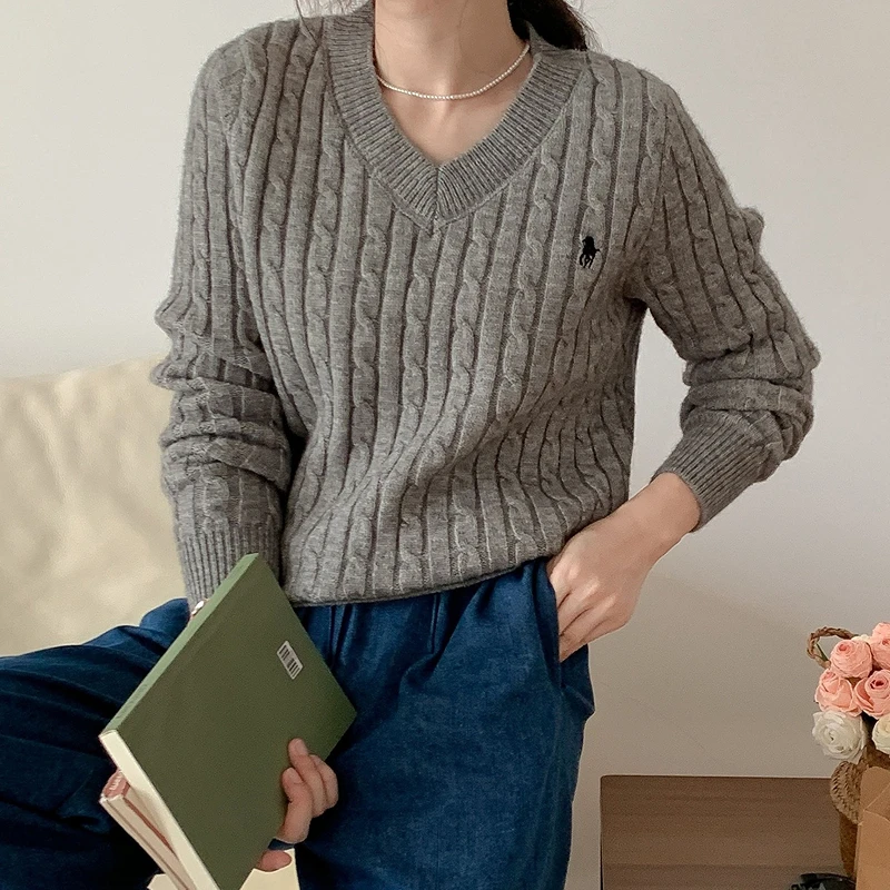 Women\'s Twist Pullover Knitted Sweater Solid Casual Jumper Fall 2023 Winter Vintage Embroidered V-Neck Long Sleeve Top