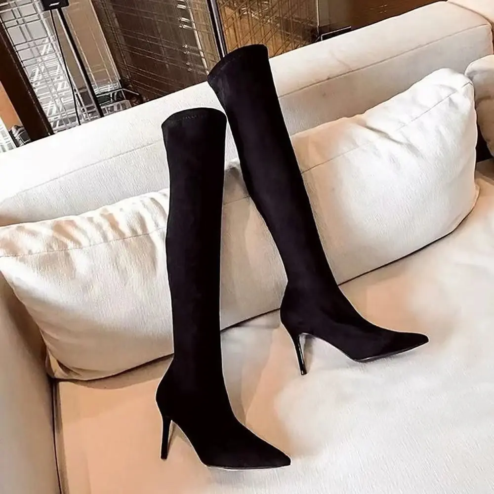 

Black Stretch Boots Suede High Heels Pointed Thigh High Boots Size Zipper Over The Knee Boots Sexy Women Shoes