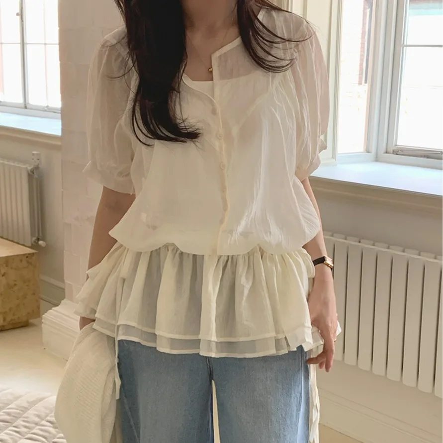 

2026 New Chic Korean Style Women's Shirt Short Sleeve Waist Cinched Lace Trim Cool Sensation Summer Casual Fashion