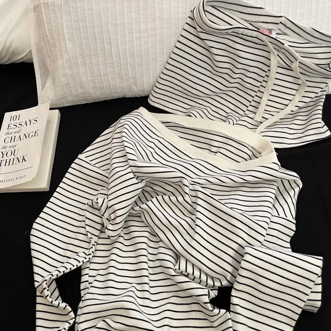 

Comfortable Pajama Off-Shoulder Striped Casual Pajama Set Casual Long Sleeve Sleepwear Cute Breathable Summer Loungewear