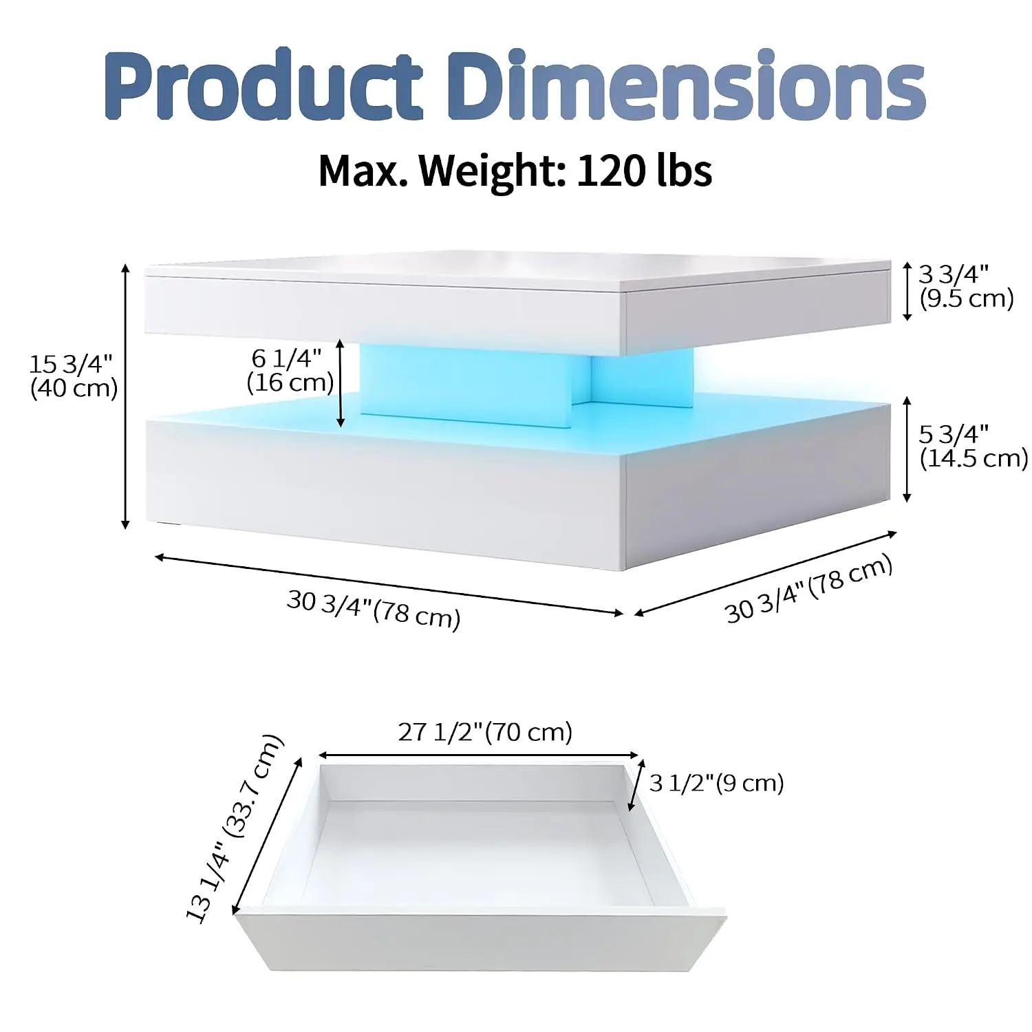 LED Square Coffee Table 2-Tier High Gloss Music Sync Light Living Room Center Table 30.75
