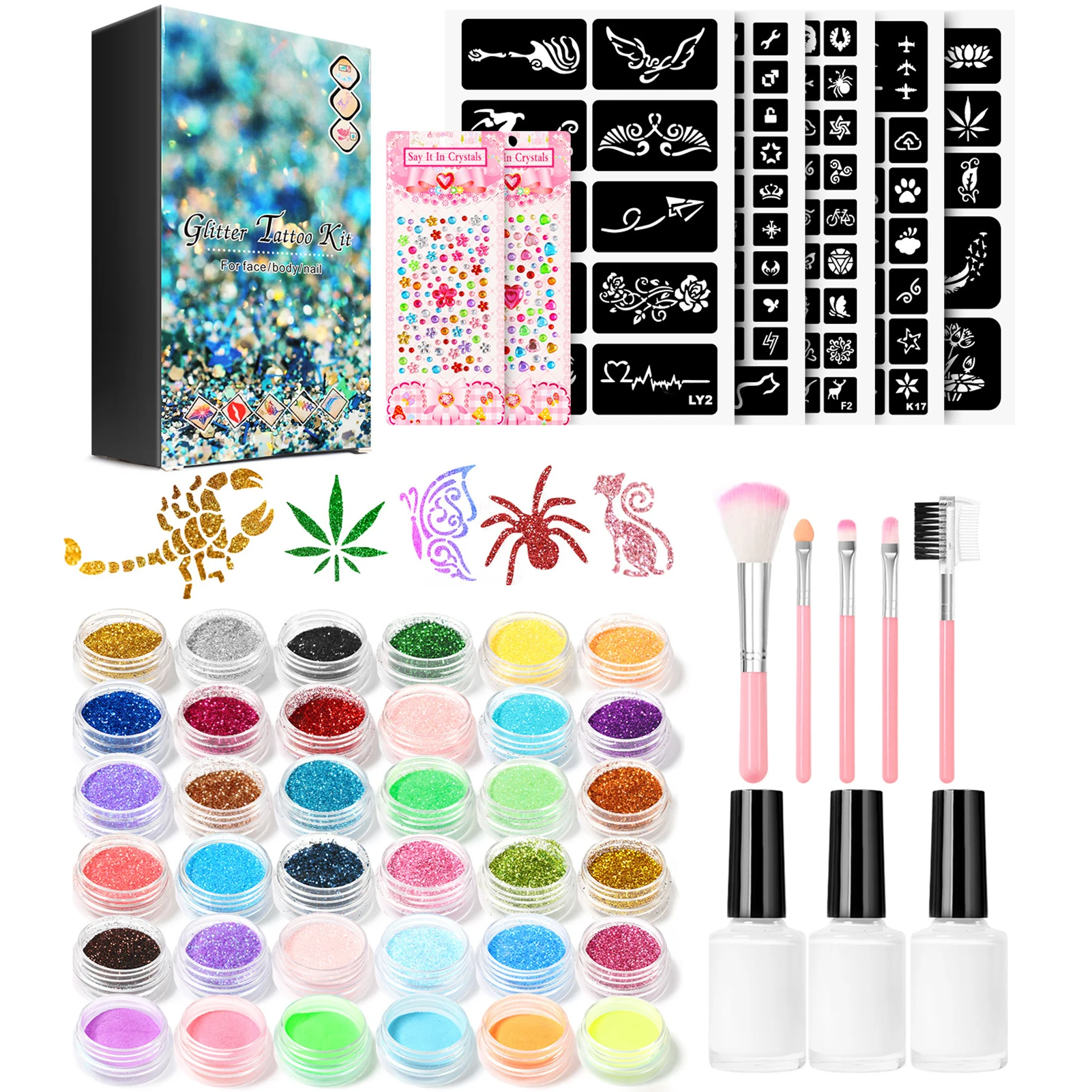 36 Colors Glitter Tattoo Kit With Stencil Glue Brush Makeup Glitter Body Art Design For People Kids Body Painting Glitter Powder