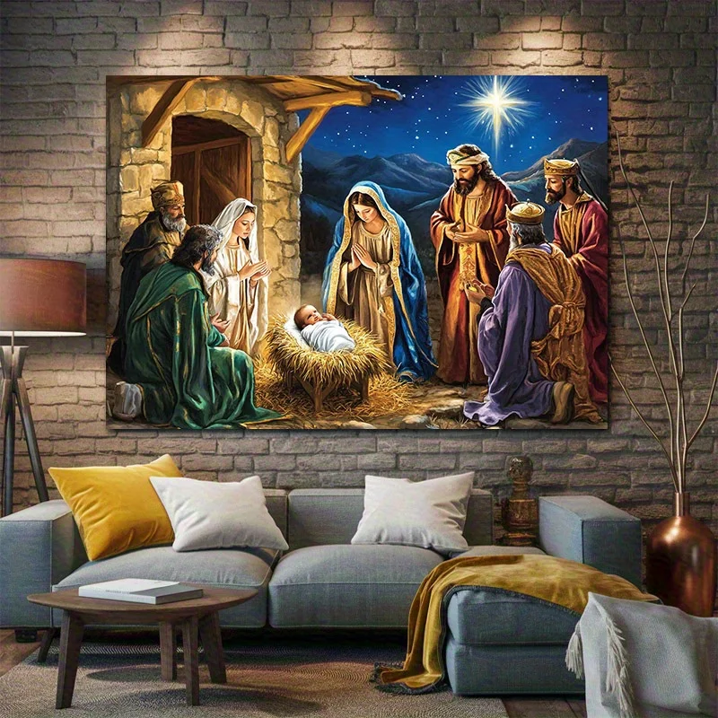 لافتة مسطحة ثنائية الأبعاد 1 قطعة ولادة يسوع والسماء المرصعة بالنجوم والرجل الثلاث الحكيم زينة المهرجانات زينة عيد الميلاد