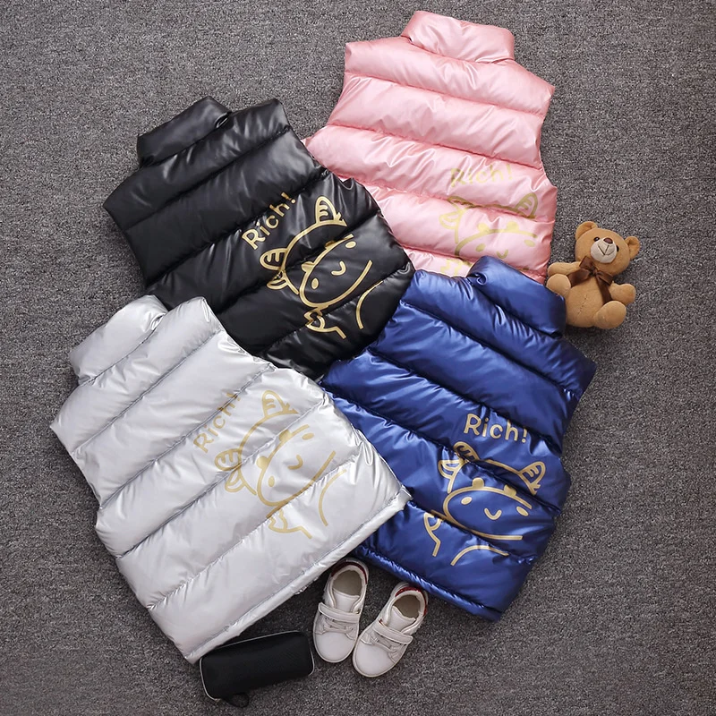 Children Trend Down Vests Boys Girls Spring Warm Waistcoat Kids Fashion Casual Jackets Teenager Shine Clothing Coats 3-14 Years