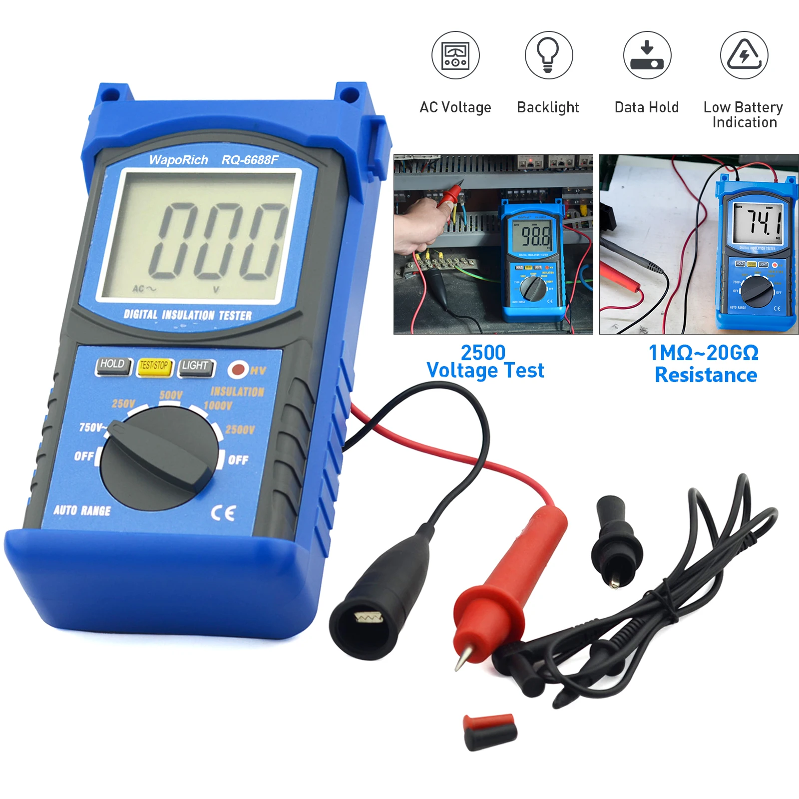 

Digital Megohmmeter,Portable Megohmmeter, 20G Ohm Digital Insulation Resistance with Range 250V/500V/1000V/2500V, Data Storage