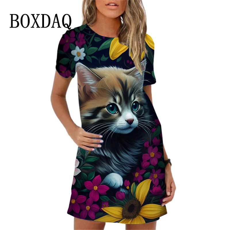 Elegant Van Gogh Oil Painting Dress For Women Casaul Short Sleeve O-Neck Loose Mini Dress Christmas Festival Party Ladies Dress