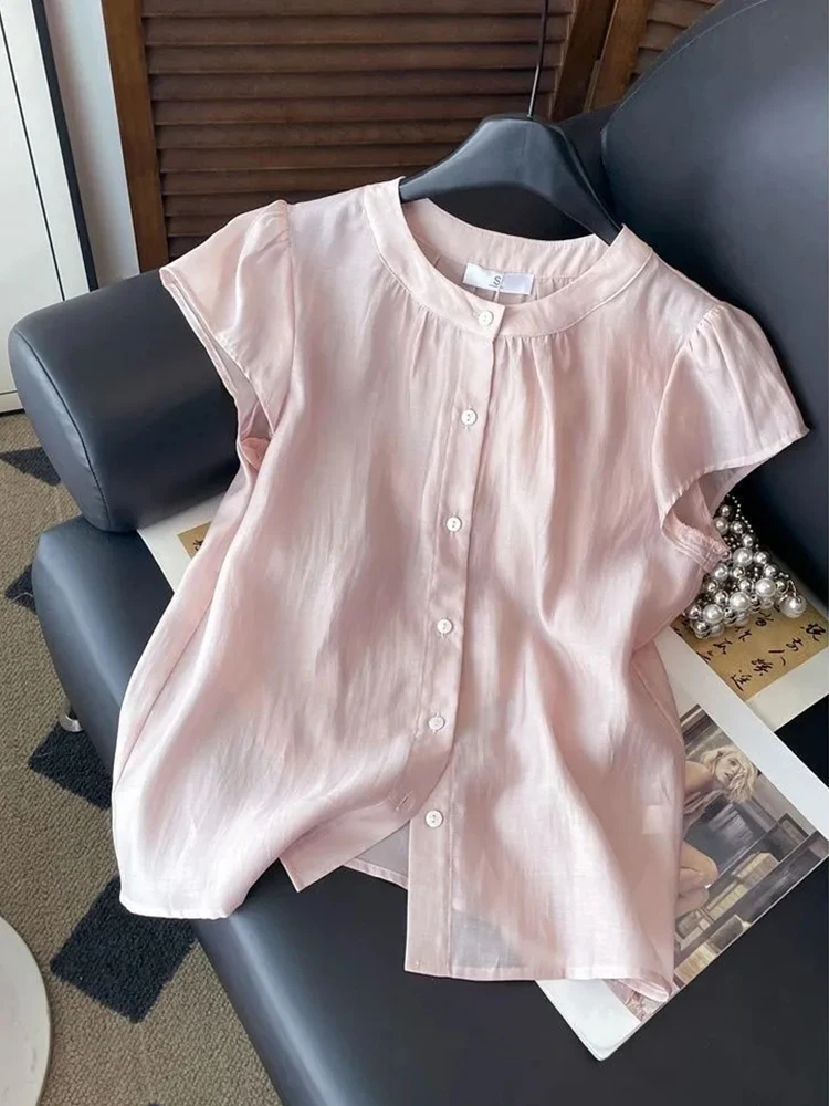 

O Neck Sweet Pink Shirt Women Loose Fashion Summer Cute Casual Simple Blouse Casual Short Sleeve Female Single Breasted Tops New