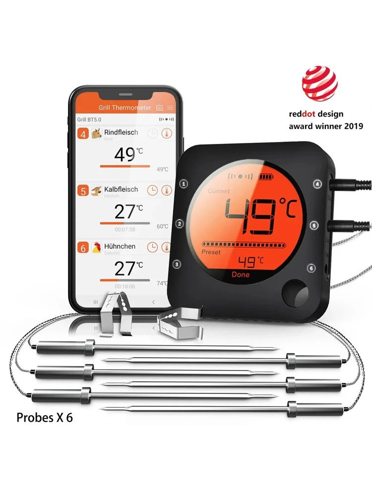 Thermomètre à viande Bluetooth thermomètre de cuisine numérique pour barbecue Support 6 sondes pour fumeur cuisson gril four bonbons