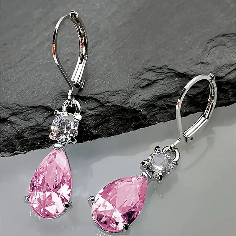 Huitan Elegante Damen-Tropfenohrringe, eingelegt, glänzend, rosa/rot/weiß, Zirkonia, Party, Verlobung, Zubehör, vielseitiger Schmuck
