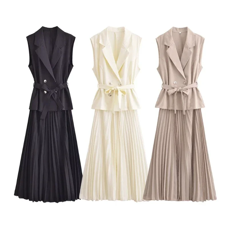 Fashion Sleeveless Office Party Dress Ruched Midi Evening Dresses New in Summer Solid Color Elegant Pleated Vests Long Dresses
