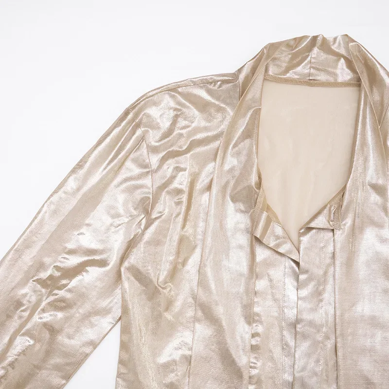 Gilding 2 Piece Set Ribbons Lace Up Deep V Neck Long Sleeve Shirts Top + Bodycon Mini Skirts Women Shiny Party Clubwear Suits