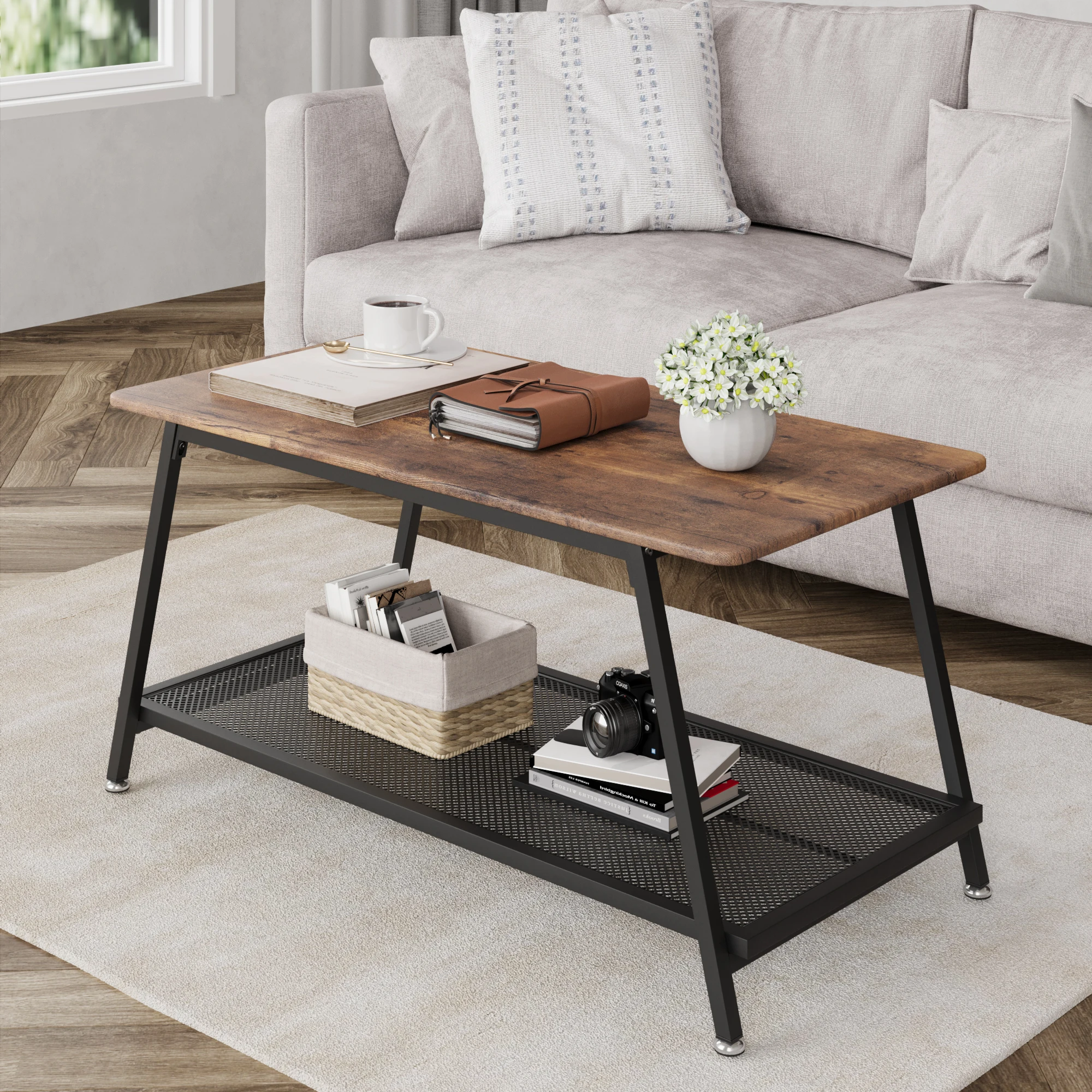 2-stöckiger industrieller Couchtisch, Vintage-Bauernhaus-Wohnzimmer-Couchtisch aus Holz und Metall