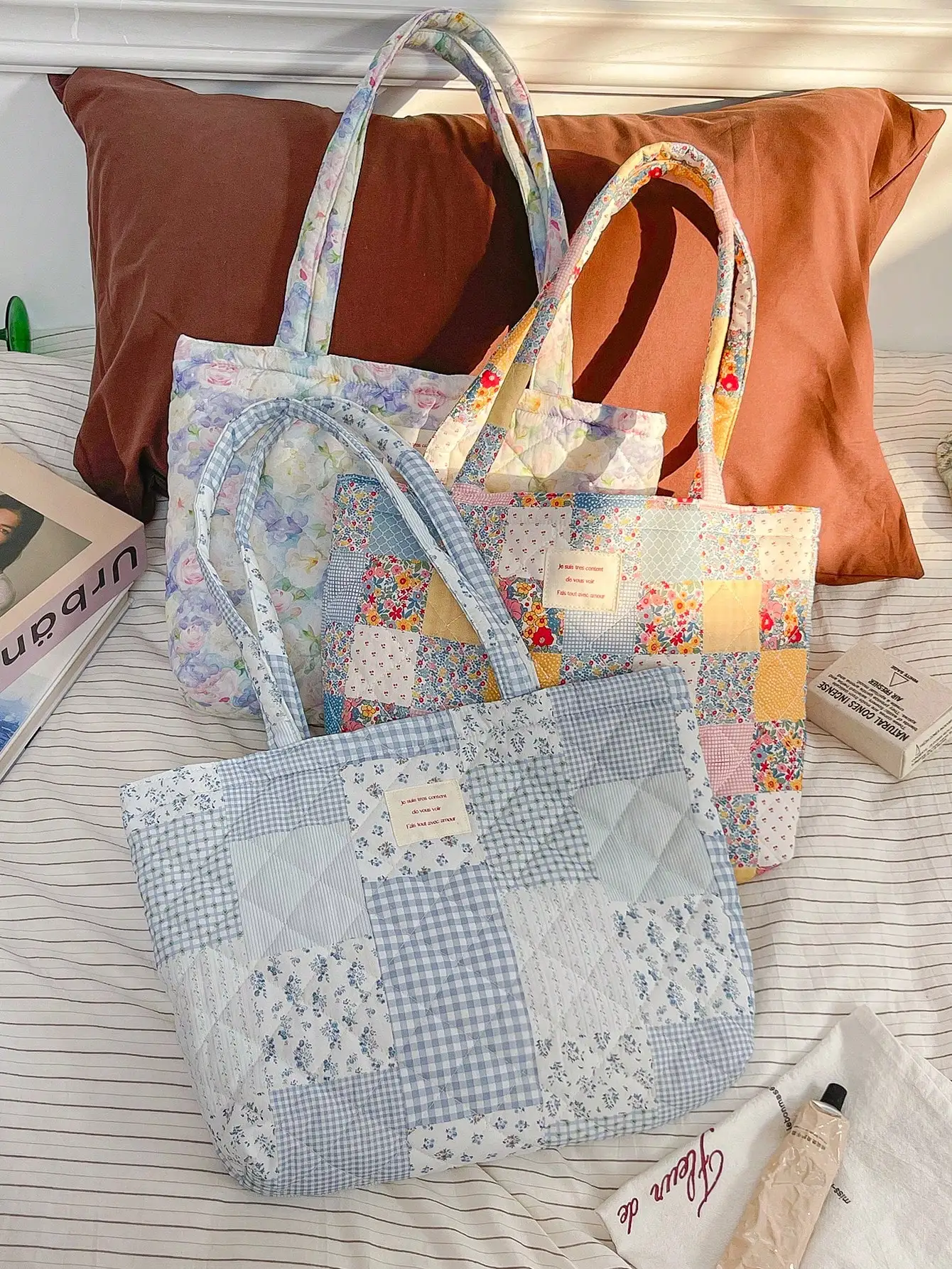 

Quilted Patchwork Floral Tote Bag - Lightweight Large Capacity Shoulder Bag for Daily Use