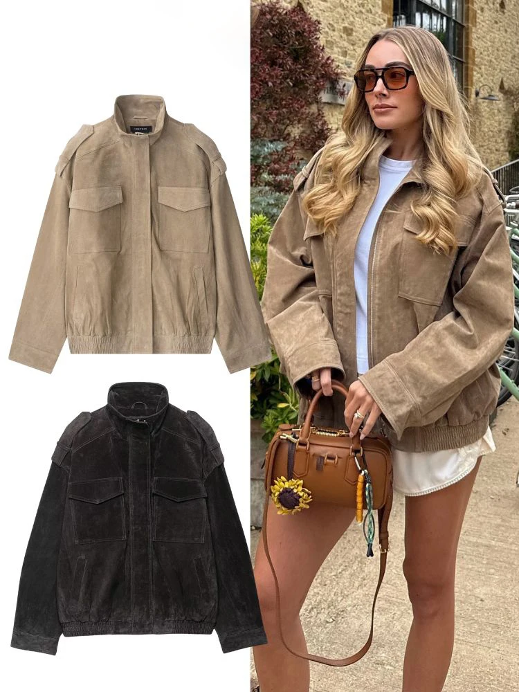 

HH 2025 Fashion Women Solid Suede Textured Jacket Casual Stand Collar Zipper Pocket Long Sleeve Female Moto Style Streetwear