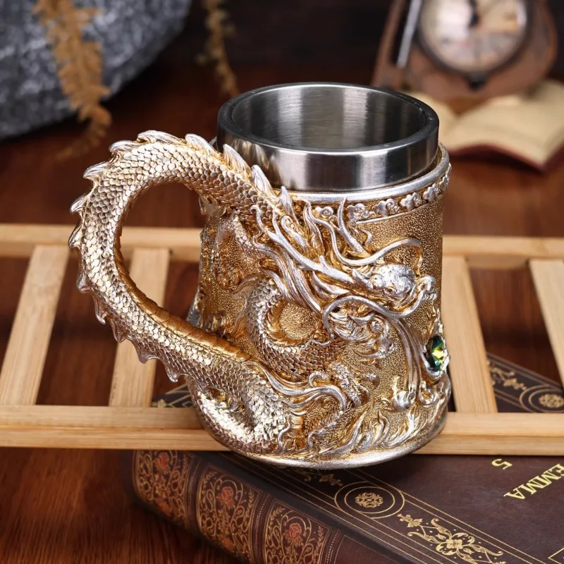 

500ML Golden Copper Dragon Beer Resin Tankard 304 Stainless Steel Medieval Tea Cup Coffee Beer Mug Copper Color New Party Bar