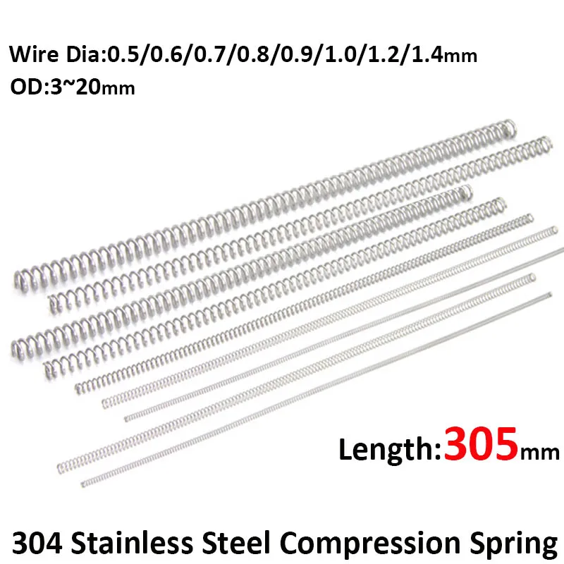 305mm Compression Spring Long Pressure Spring 304 Stainless Steel Springs Wire Dia 0.5 0.6 0.7 0.8 0.9 1 1.2 1.4mm OD 3mm~20mm