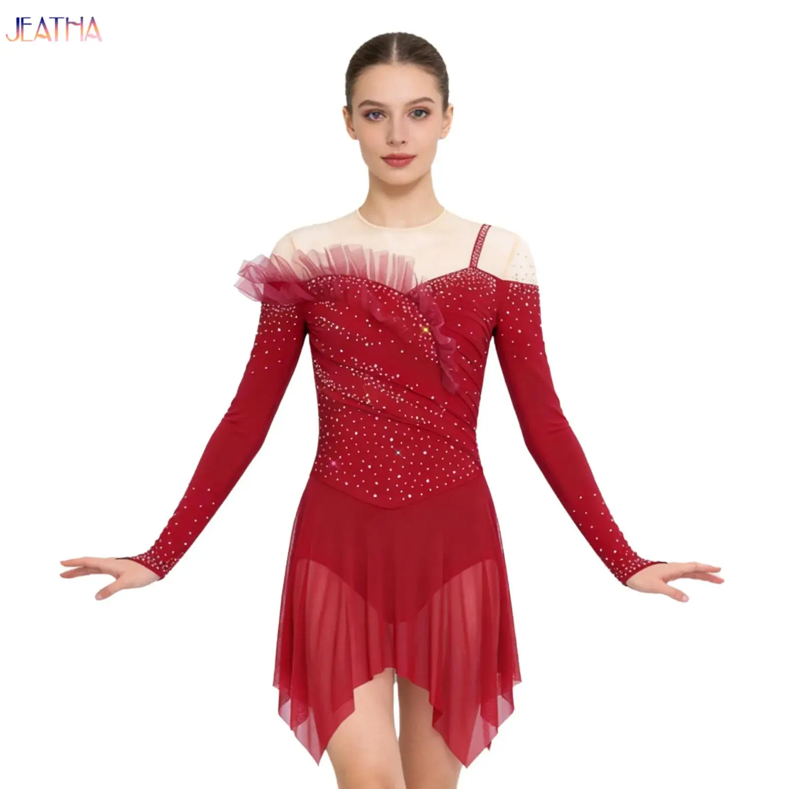 

Women Gymnastic Ballet Dancewear Adults Figure Skating Lyrical Modern Dance Dress Competition Costume Rhinestones Leotards Dress