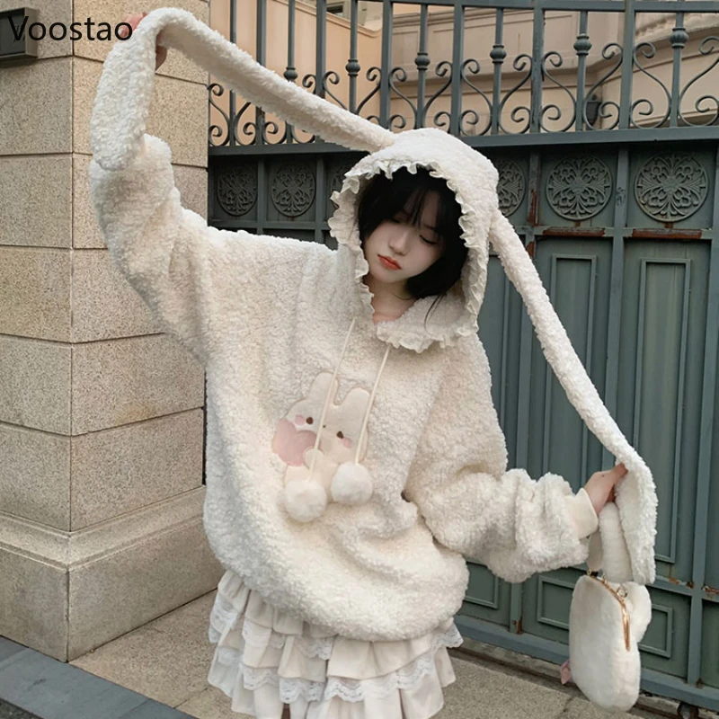 Korean Fashion Rabbit Ears Hooded Coats Women Cute Bunny Embroidery Oversize Lambswool Sweatshirts Sweet Female Warm Hoodies