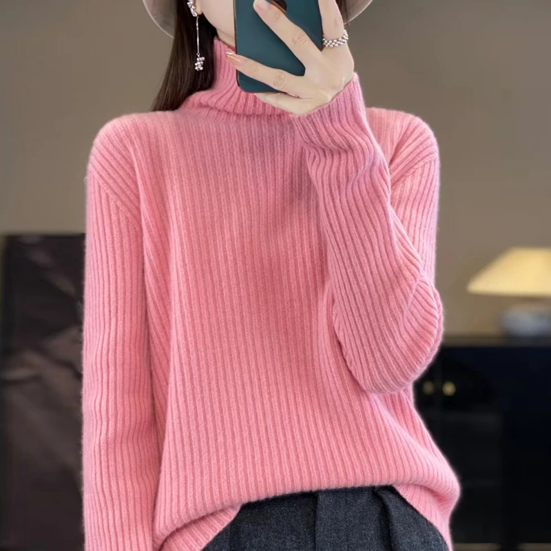 

WOTEEWS Pullover 100% Wool Sweater Women's Knitted High Neck Long sleeved Sweater 23 New Women's Pullover Casual Top polychrome